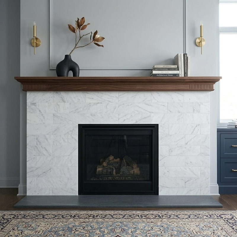 White Carrara 3x12 Honed Marble Tile — Living Room fireplace surround