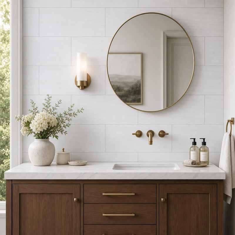 White Dolomite 12x24 Honed Natural Marble Tile — Bathroom vanity wall
