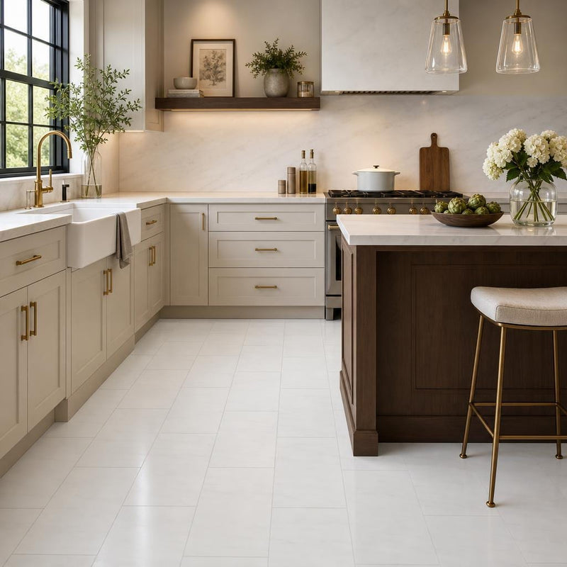 White Dolomite 12x24 Honed Natural Marble Tile — Kitchen floor
