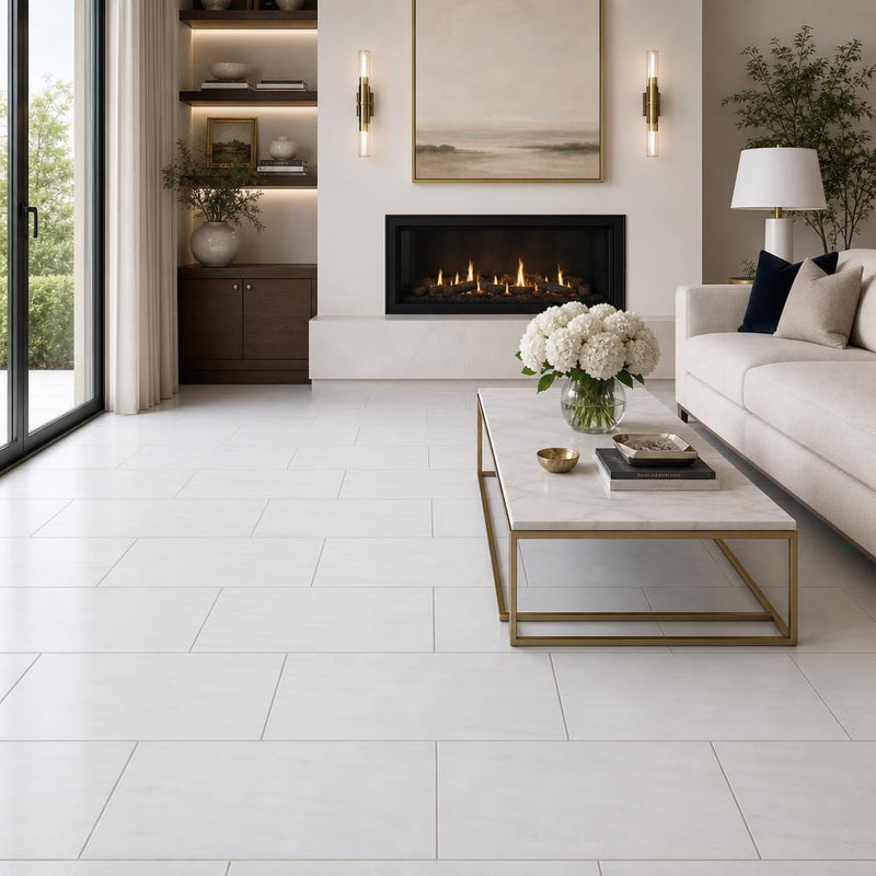 White Dolomite 12x24 Honed Natural Marble Tile — Living Room floor