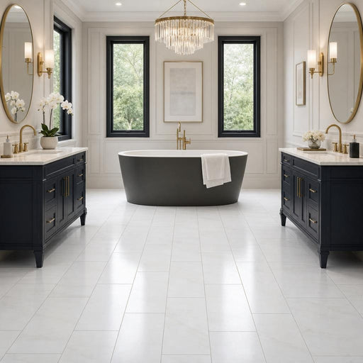 White Dolomite 12x24 Polished Natural Marble Tile — Bathroom floor