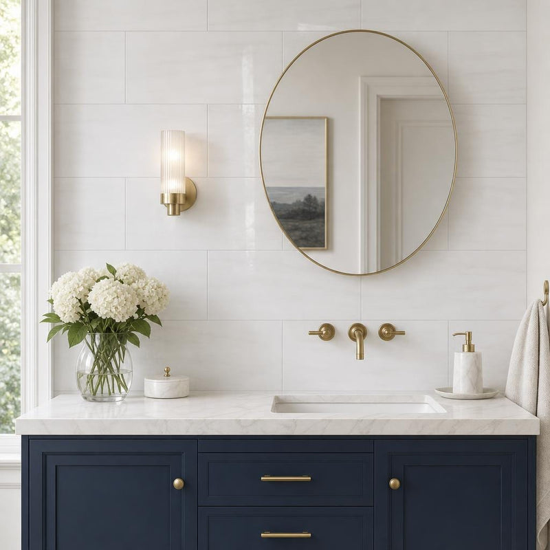 White Dolomite 12x24 Polished Natural Marble Tile — Bathroom vanity wall
