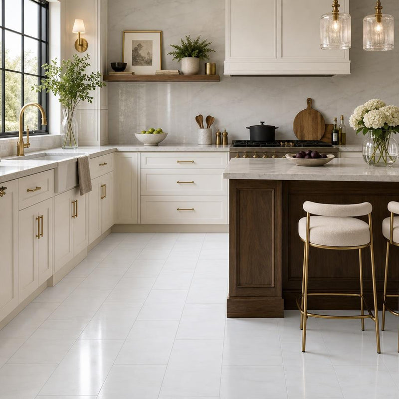 White Dolomite 12x24 Polished Natural Marble Tile — Kitchen floor