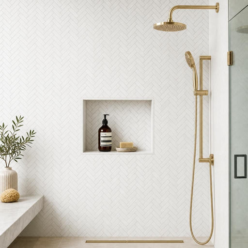 White Dolomite Herringbone 1x4 Honed Marble Mosaic — Bathroom shower wall