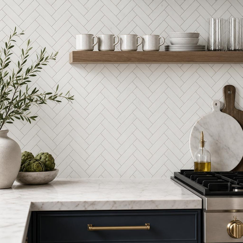 White Dolomite Herringbone 1x4 Honed Marble Mosaic — Kitchen backsplash