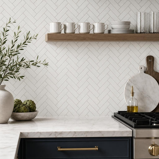 White Dolomite Herringbone 1x4 Honed Marble Mosaic — Kitchen backsplash
