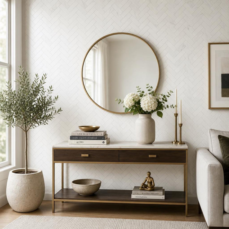 White Dolomite Herringbone 1x4 Honed Marble Mosaic — Living Room accent wall