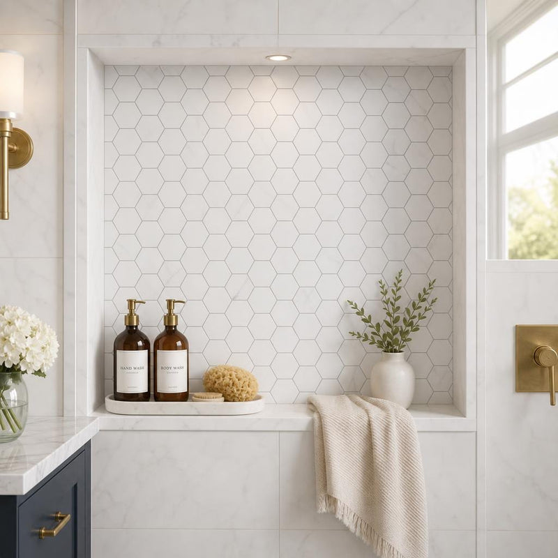 White Dolomite Hexagon 2x2 Honed Marble Mosaic — Bathroom niche