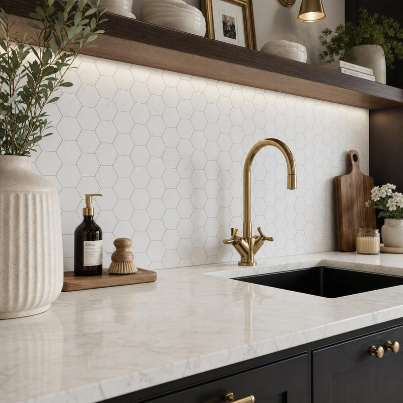 White Dolomite Hexagon 2x2 Honed Marble Mosaic — Kitchen backsplash