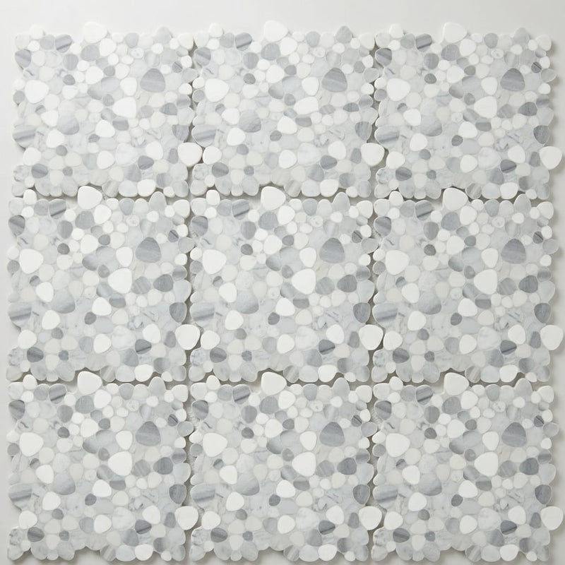 White Flat Pebble 12x12 Mesh Natural Stone Marble Mosaic 12x12_sheet close-up