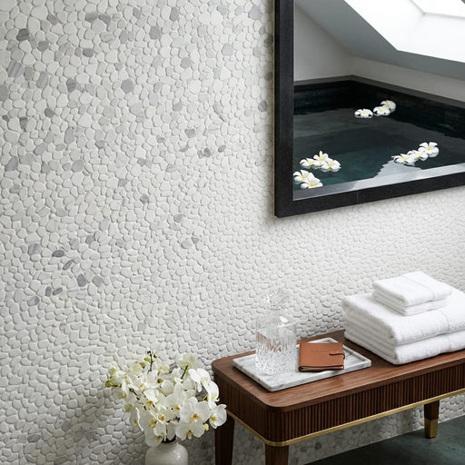 White Flat Pebble 12x12 Mesh Natural Stone Marble Mosaic 12x12_sheet — Spa spa interior