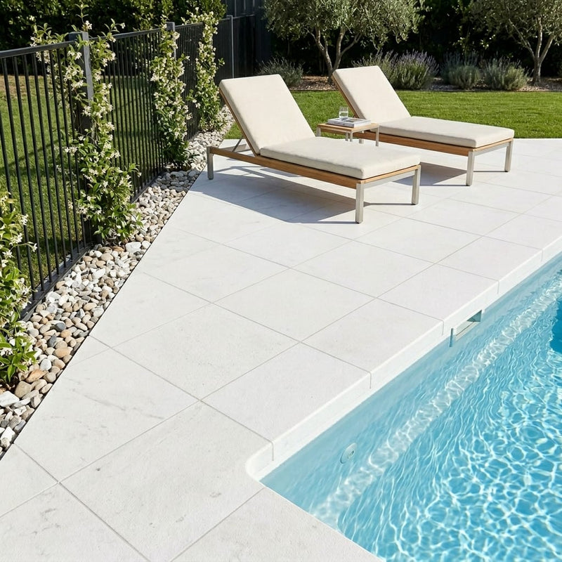 White Marble Leather (Sandblasted & Brushed) 12 x 12 x 1.25 Bullnose Coping 12x12 pool coping — Swimming Pool pool edge drop-face coping