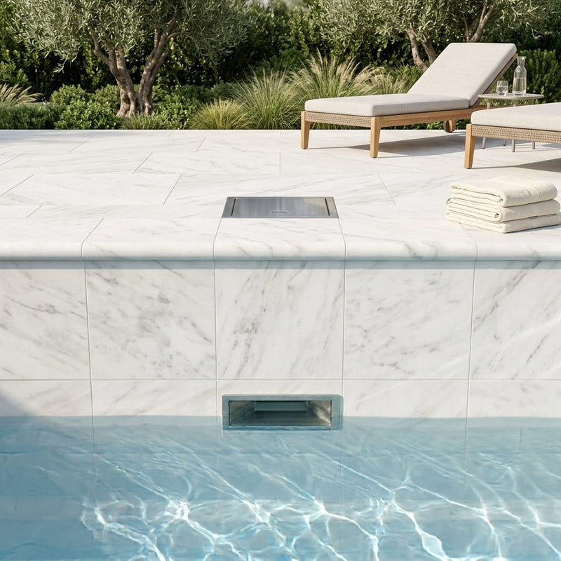 White Marble Leather (Sandblasted & Brushed) 12 x 12 x 1.25 Bullnose Coping 12x12 pool coping — Swimming Pool remodel pool edge