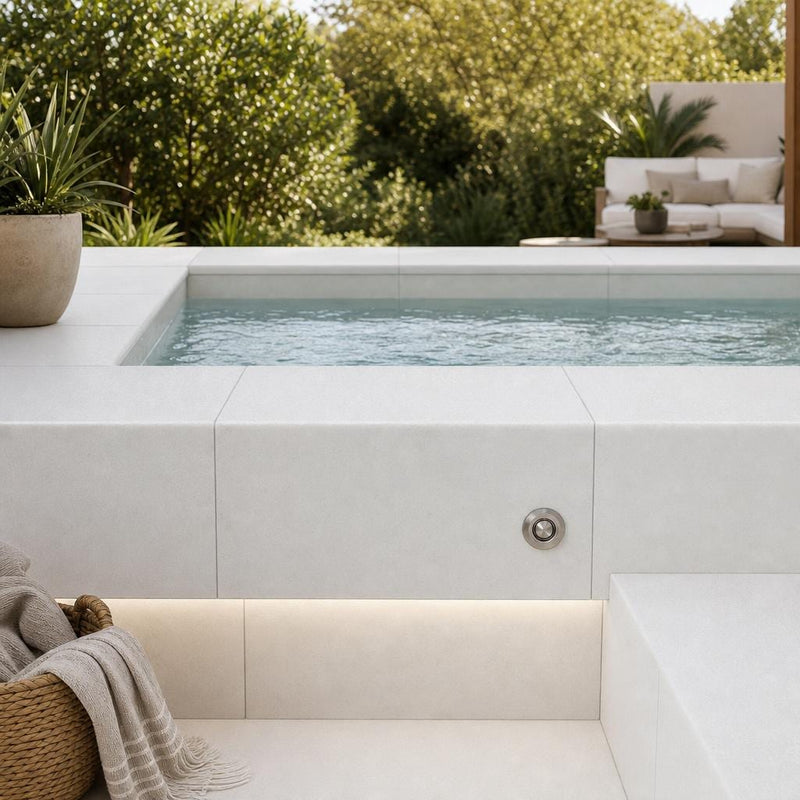 White Marble Leather (Sandblasted & Brushed) 12 x 24 x 1.25 Bullnose Coping 12x24 pool coping — Spa spa overhang edge