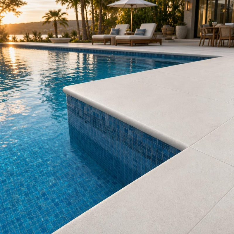 White Marble Leather (Sandblasted & Brushed) 12 x 24 x 1.25 Bullnose Coping 12x24 pool coping — Swimming Pool pool edge drop-face coping