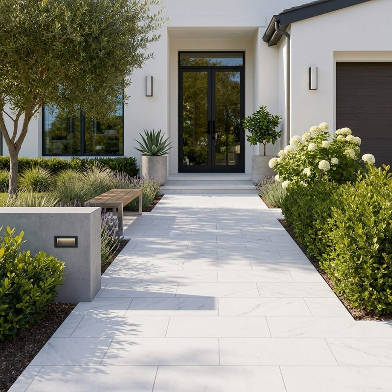 White Marble Leather (Sandblasted & Brushed) 12 x 24 x 1.25 Paver 12x24 — Front Yard walkway