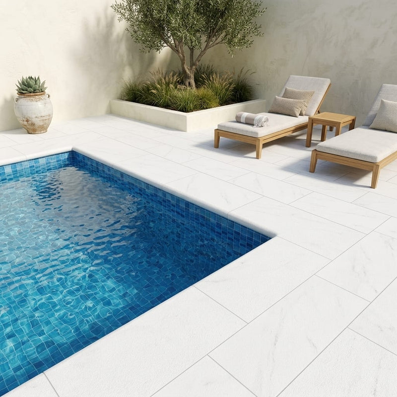 White Marble Leather (Sandblasted & Brushed) 12 x 24 x 2 Bullnose Coping 12x24 pool coping — Swimming Pool pool edge drop-face coping