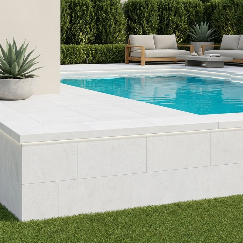 White Marble Leather (Sandblasted & Brushed) 12 x 24 x 2 Double Modern Coping 12x24 pool coping — Swimming Pool raised bond beam cap