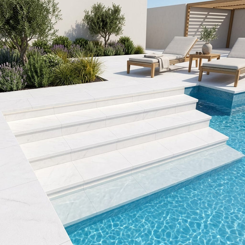 White Marble Leather (Sandblasted & Brushed) 12 x 24 x 2 Modern Coping 12x24 pool coping — Swimming Pool pool step edge