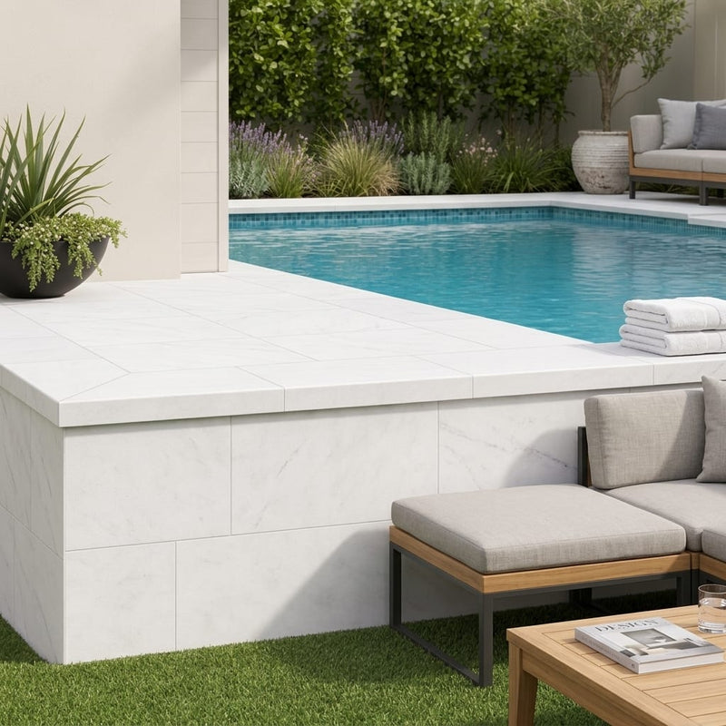 White Marble Leather (Sandblasted & Brushed) 12 x 24 x 2 Modern Coping 12x24 pool coping — Swimming Pool raised bond beam cap