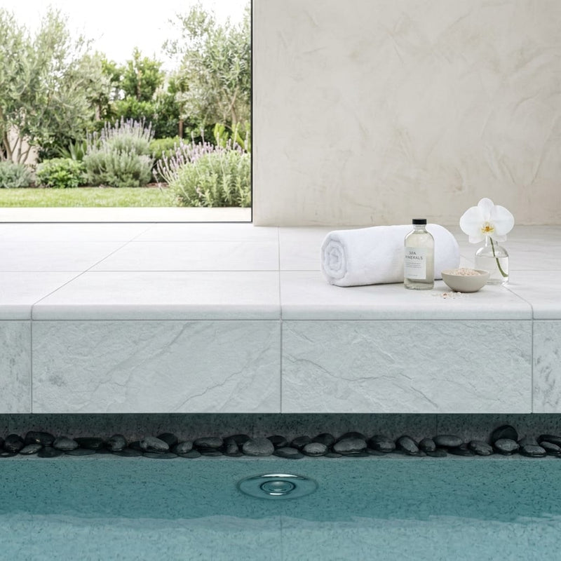 White Marble Leather (Sandblasted & Brushed) 16 x 24 x 2 Bullnose Coping 16x24 pool coping — Spa spa overhang edge