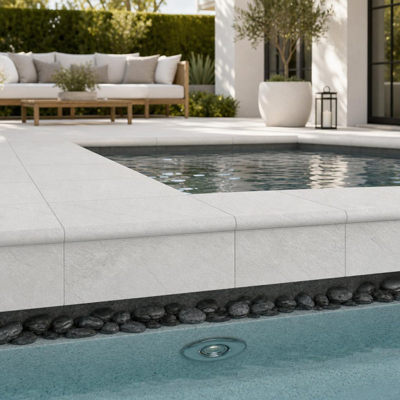 White Marble Leather (Sandblasted & Brushed) 16 x 24 x 2 Double Bullnose Coping 16x24 pool coping — Spa spa overhang edge
