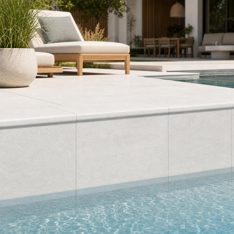 White Marble Leather (Sandblasted & Brushed) 16 x 24 x 2 Double Bullnose Coping 16x24 pool coping — Swimming Pool remodel pool edge