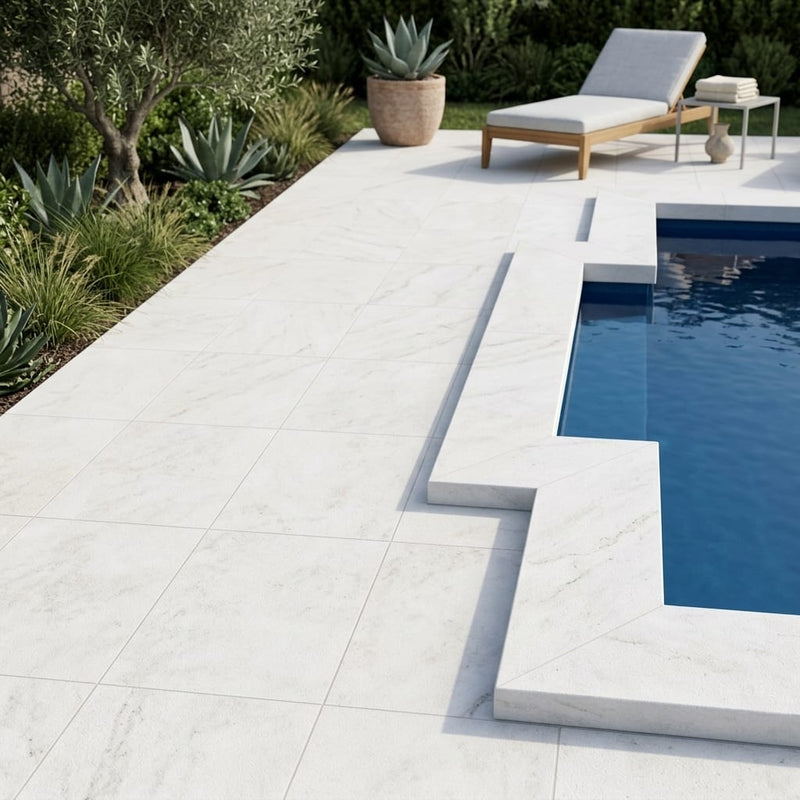 White Marble Leather (Sandblasted & Brushed) 16 x 24 x 2 Double Modern Coping 16x24 pool coping — Swimming Pool pool edge coping