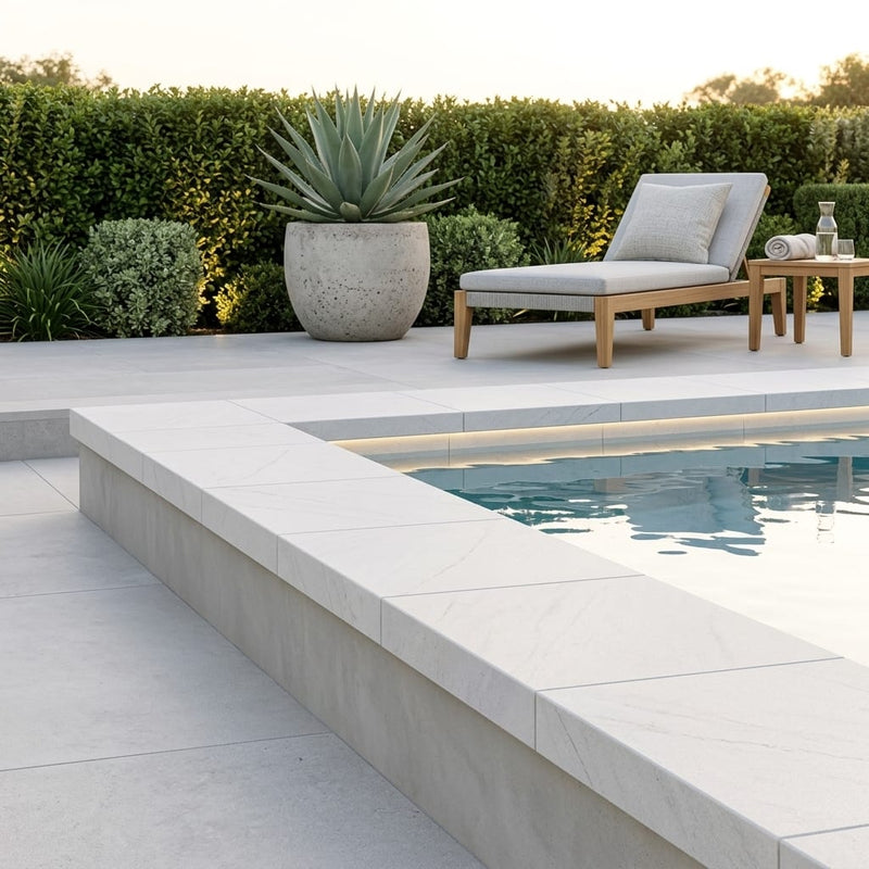 White Marble Leather (Sandblasted & Brushed) 24 x 24 x 2 4-SIDEDMODERN Coping 24x24 pool coping — Swimming Pool raised bond beam cap