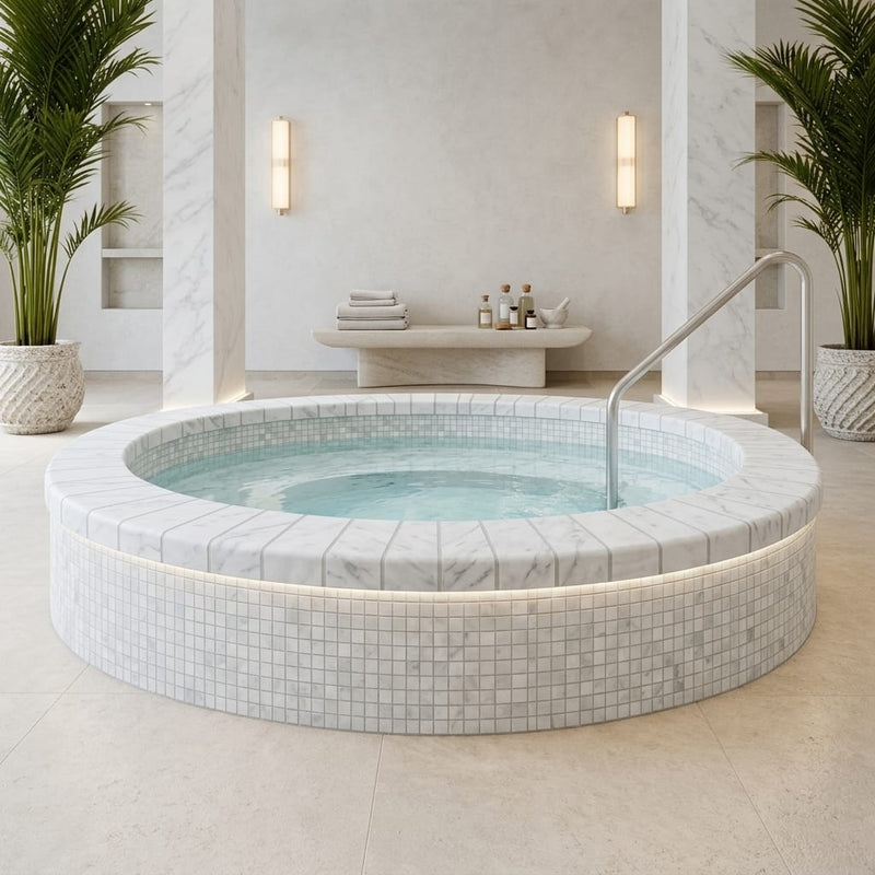White Marble Leather (Sandblasted & Brushed) 4 x 12 x 2 Bullnose Coping 4x12 pool coping — Spa spa overhang edge