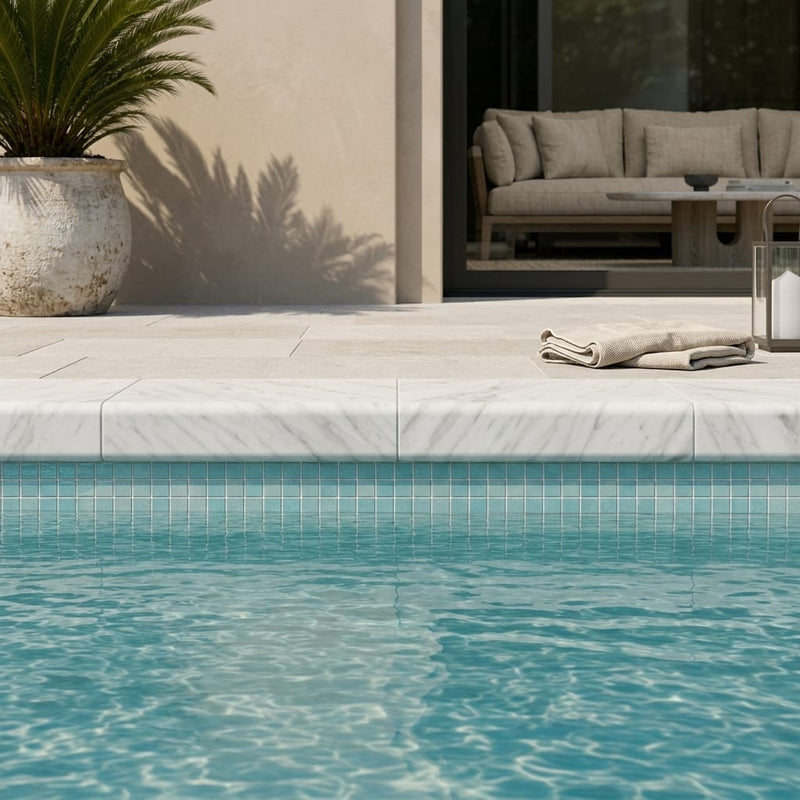 White Marble Leather (Sandblasted & Brushed) 4 x 12 x 2 Bullnose Coping 4x12 pool coping — Swimming Pool pool edge drop-face coping