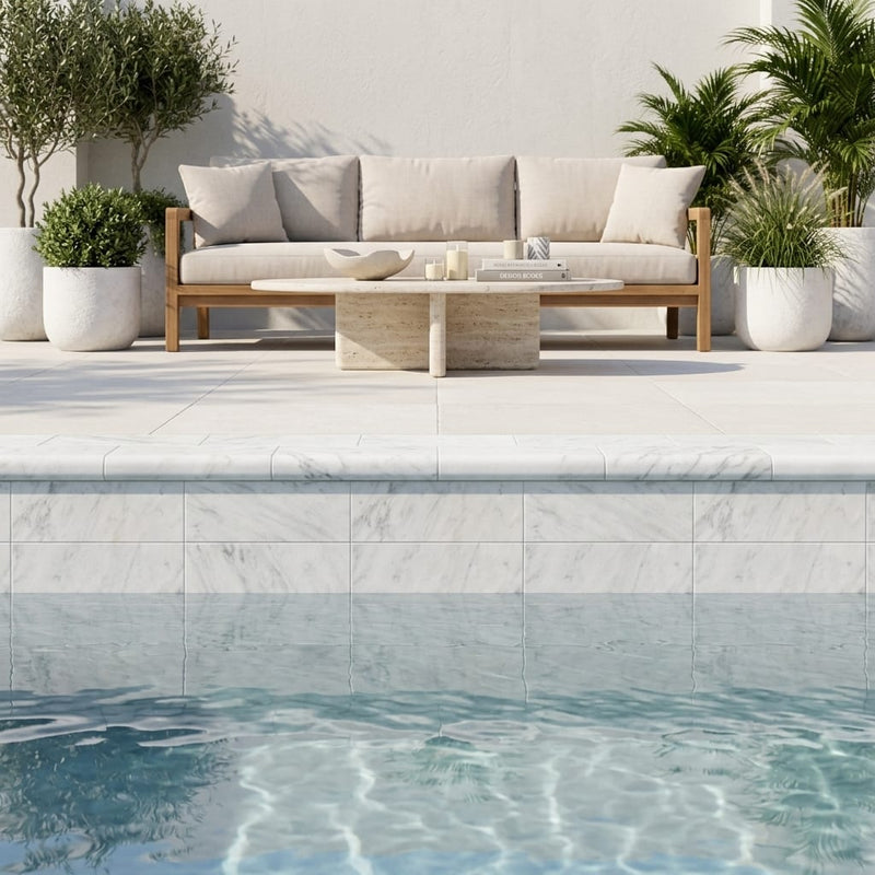 White Marble Leather (Sandblasted & Brushed) 4 x 12 x 2 Bullnose Coping 4x12 pool coping — Swimming Pool remodel pool edge
