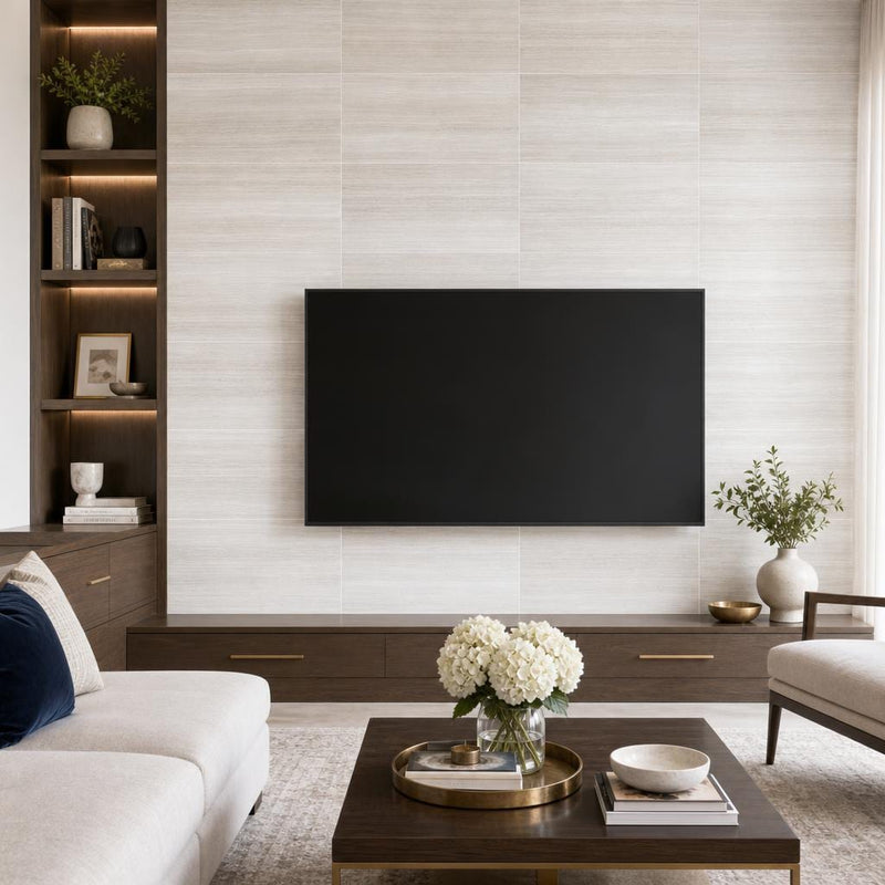 White Oak 12x24x0.38 Honed Marble Tile — Living Room feature wall
