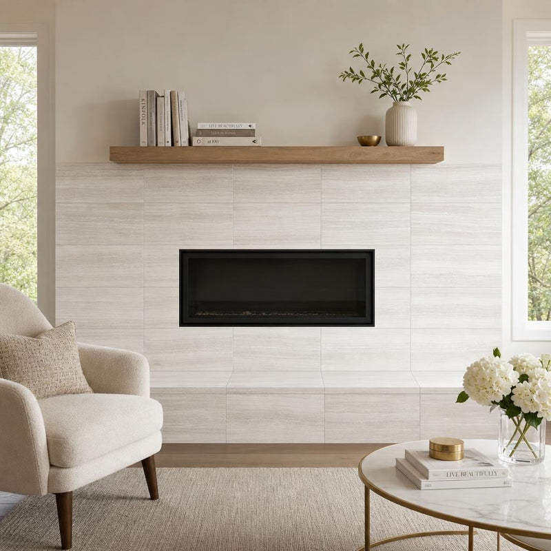 White Oak 12x24x0.38 Honed Marble Tile — Living Room fireplace surround