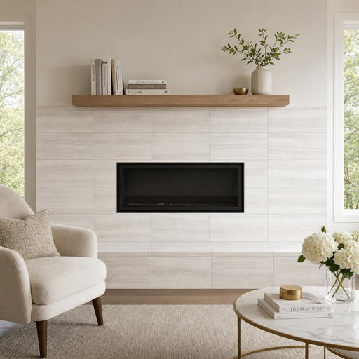 White Oak 12x24x0.38 Honed Marble Tile — Living Room fireplace surround