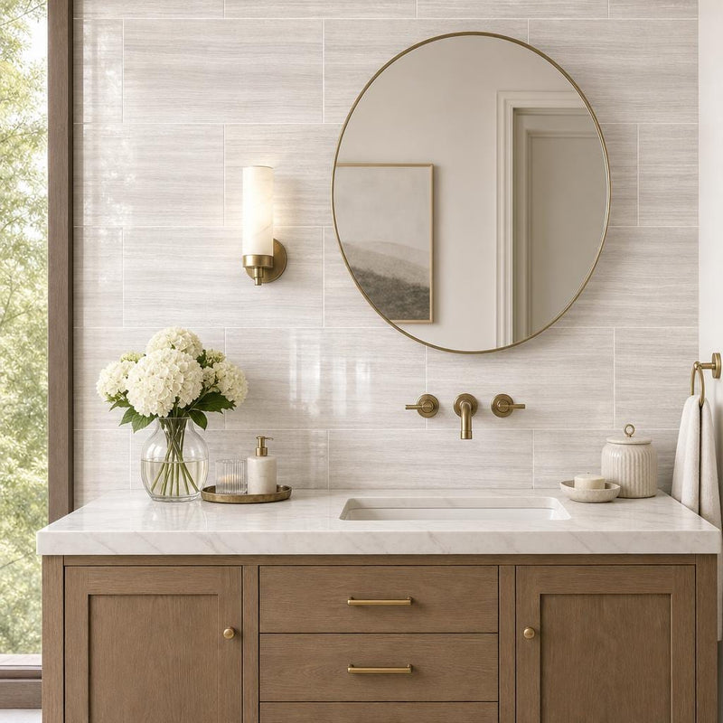 White Oak 12x24x0.38 Polished Marble Tile — Bathroom vanity wall