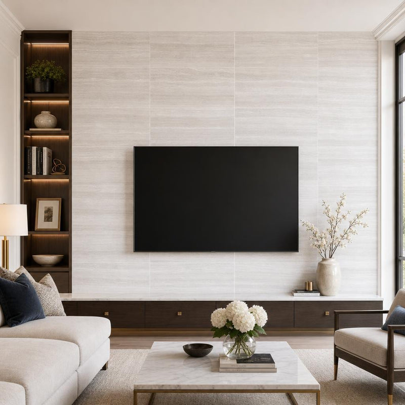 White Oak 12x24x0.38 Polished Marble Tile — Living Room feature wall