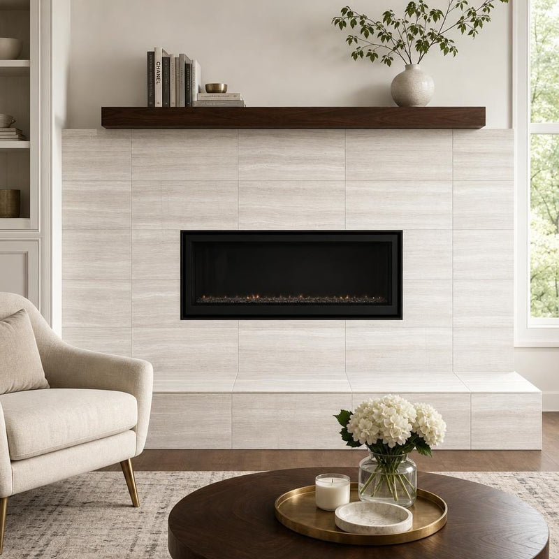 White Oak 12x24x0.38 Polished Marble Tile — Living Room fireplace surround