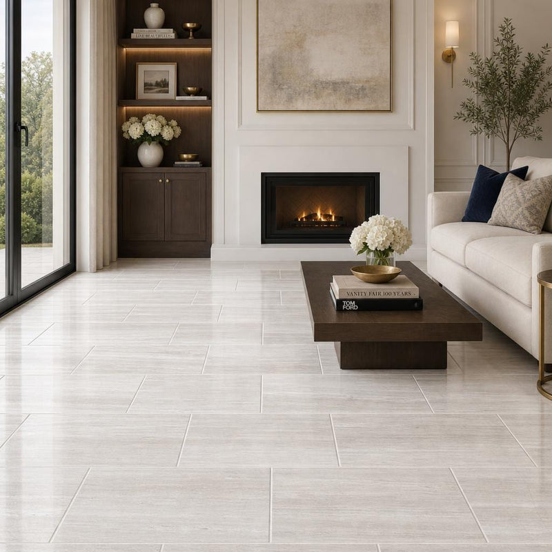White Oak 12x24x0.38 Polished Marble Tile — Living Room floor
