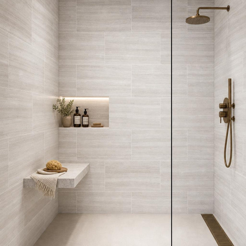White Oak 18x36x0.38 Honed Marble Tile — Bathroom shower wall
