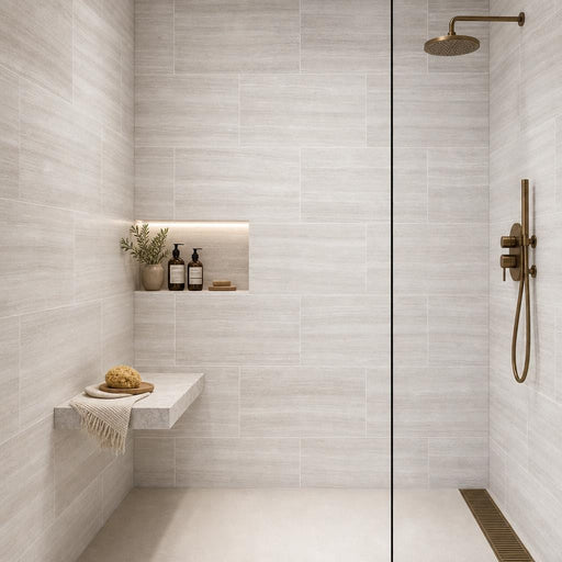 White Oak 18x36x0.38 Honed Marble Tile — Bathroom shower wall