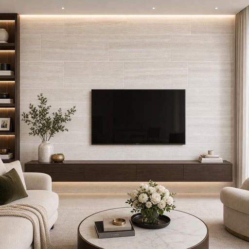White Oak 18x36x0.38 Honed Marble Tile — Living Room feature wall