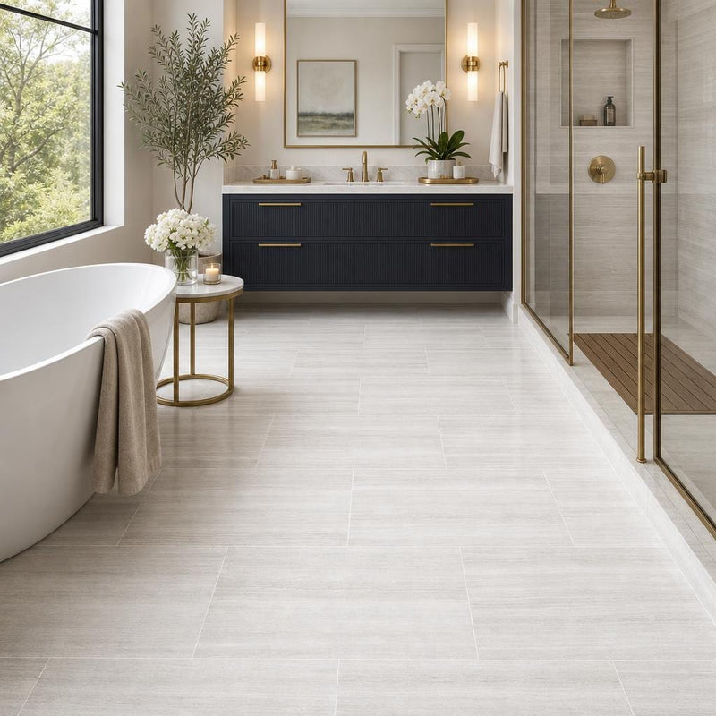 White Oak 18x36x0.38 Honed Marble Tile — Primary Bath floor