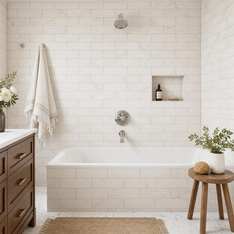 White Oak 4x12 Honed Marble Tile — Bathroom tub surround