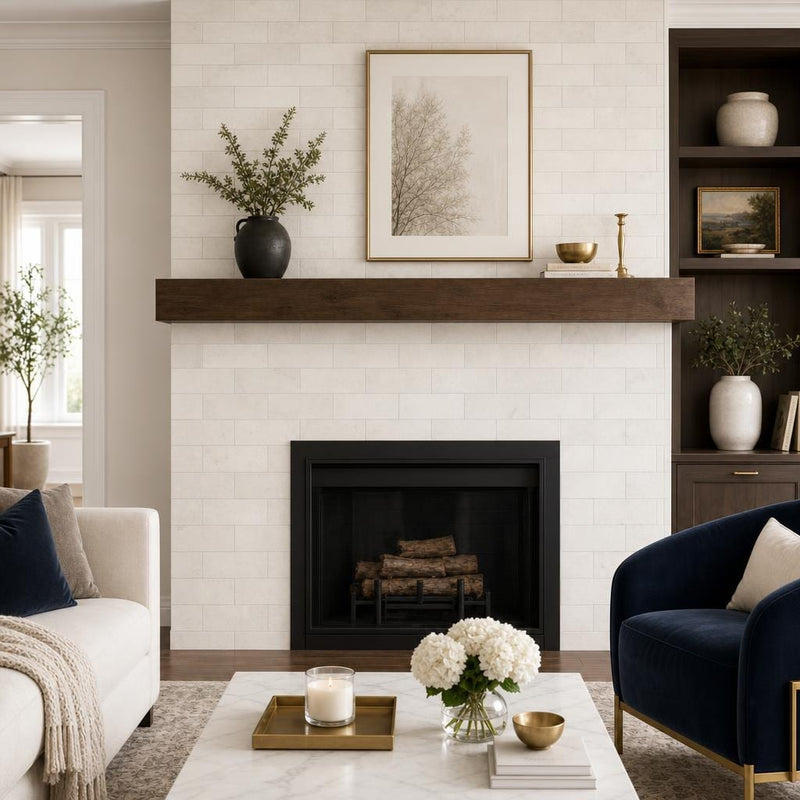 White Oak 4x12 Honed Marble Tile — Living Room fireplace surround