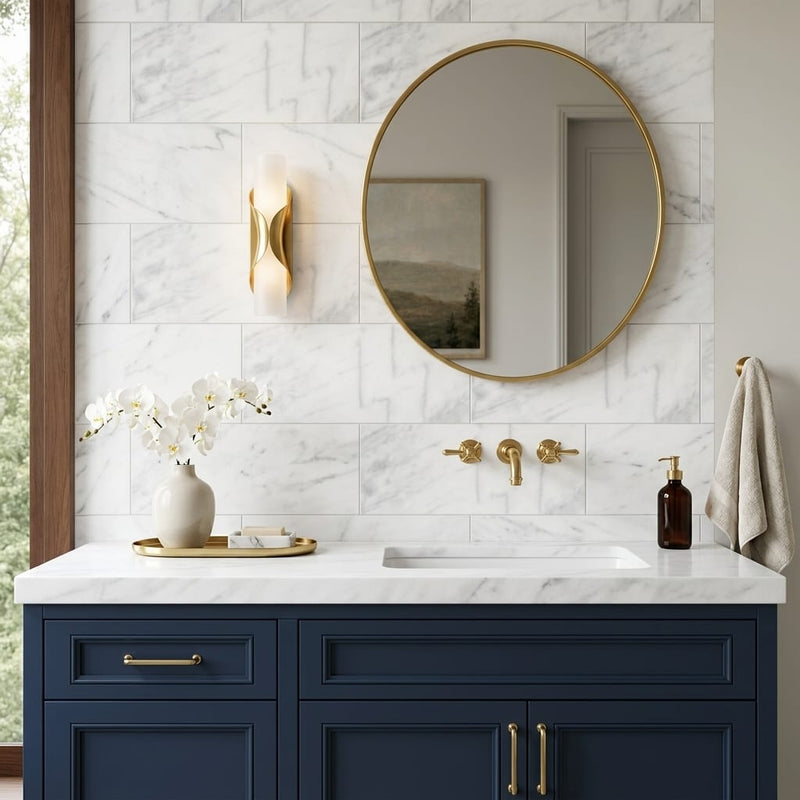 White Pearl Marble Tile 12x24 — Bathroom vanity wall