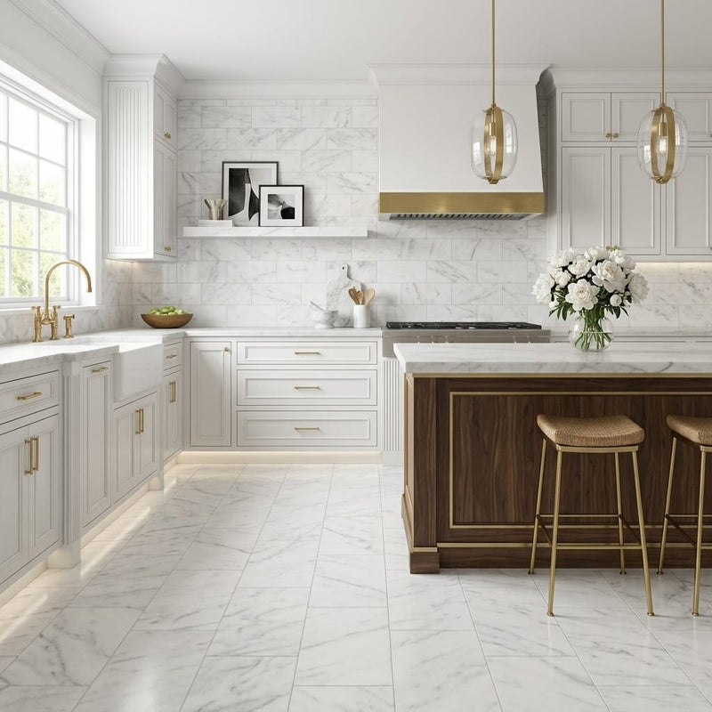 White Pearl Marble Tile 12x24 — Kitchen floor