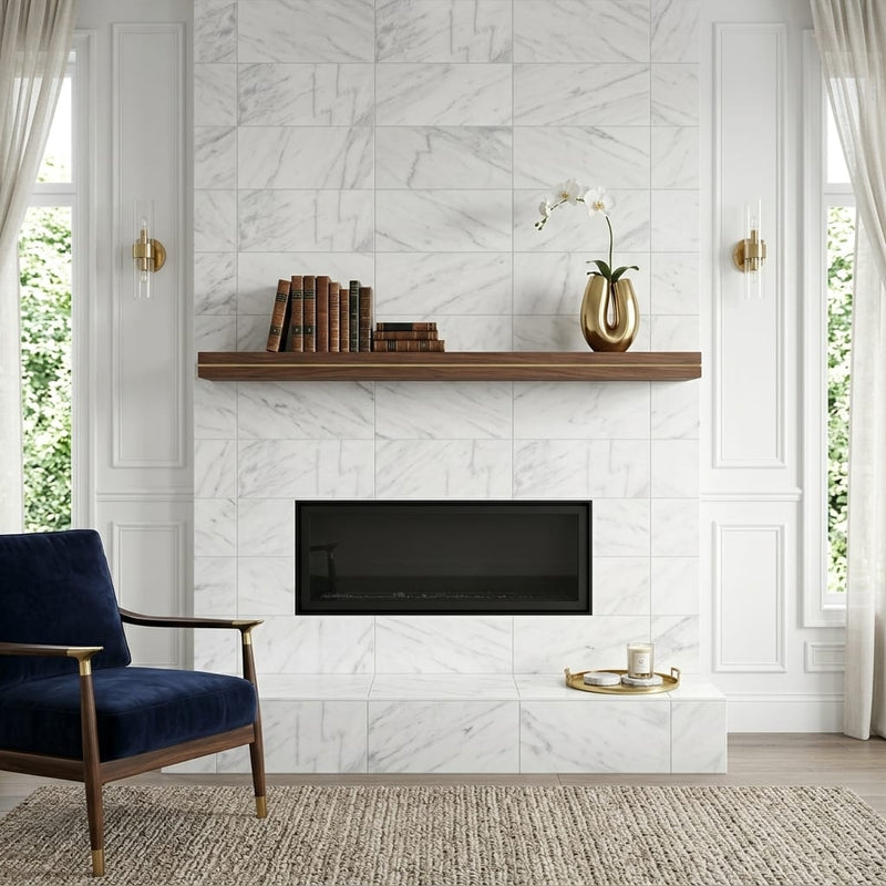 White Pearl Marble Tile 12x24 — Living Room fireplace surround