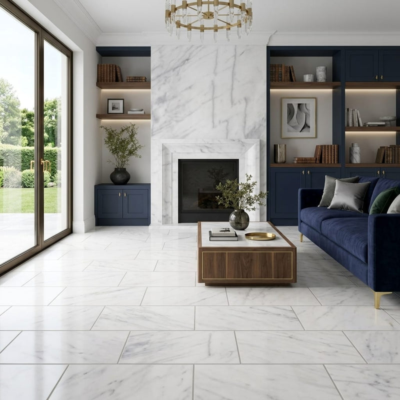 White Pearl Marble Tile 12x24 — Living Room floor