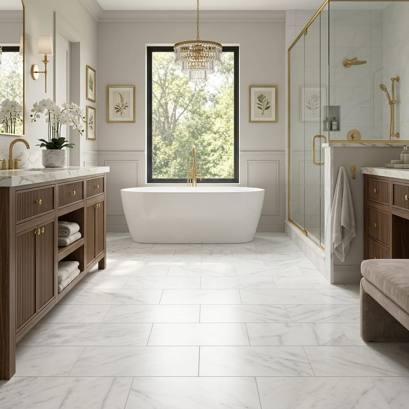 White Pearl Marble Tile 12x24 — Primary Bath floor